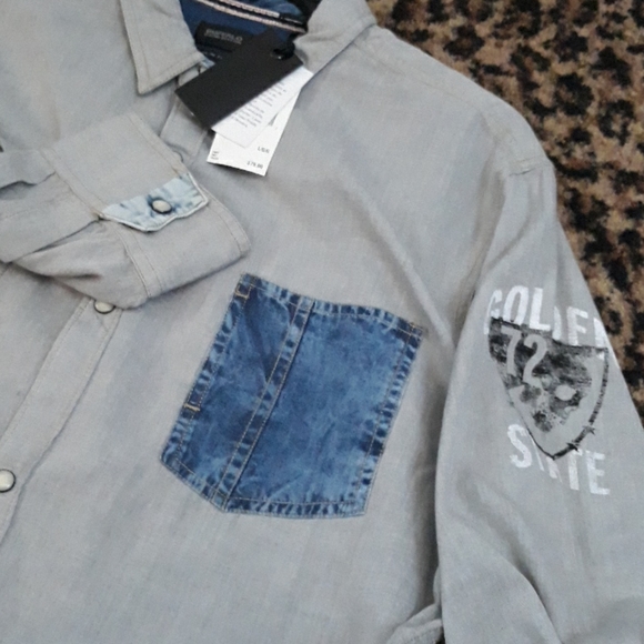 Buffalo David Bitton grey denim snap western Mens shirt Reverse Cuffs L NEW Jean - Picture 5 of 10